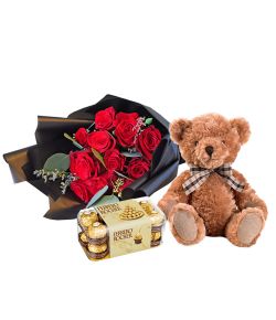 one dozen rose bouquet with chocolates and bear to japan